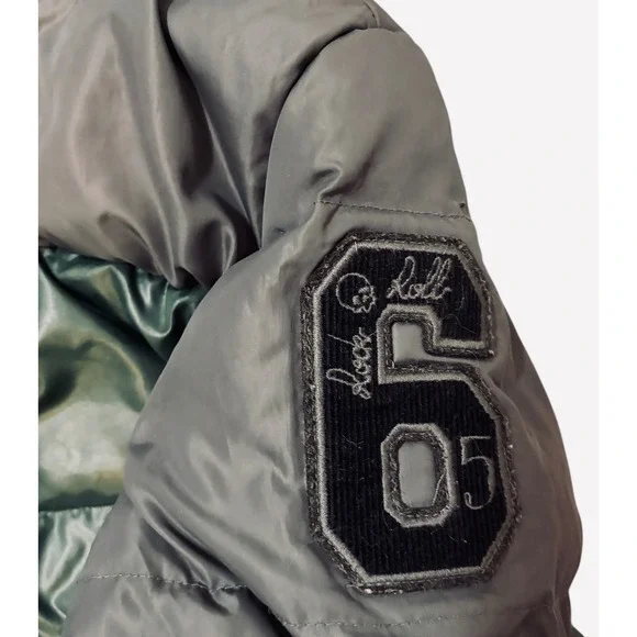 United Colors of Benetton Boys 7-8 Down Puffer Jacket Faux Fur Hood Green Grey - Picture 7 of 9